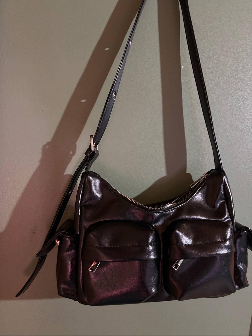 Classic Black Faux Leather Shoulder Bag with Front Pockets